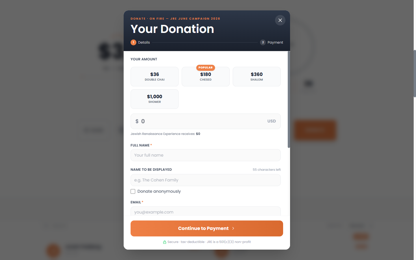 Real JRE campaign engine — Donate flow with DAF + card